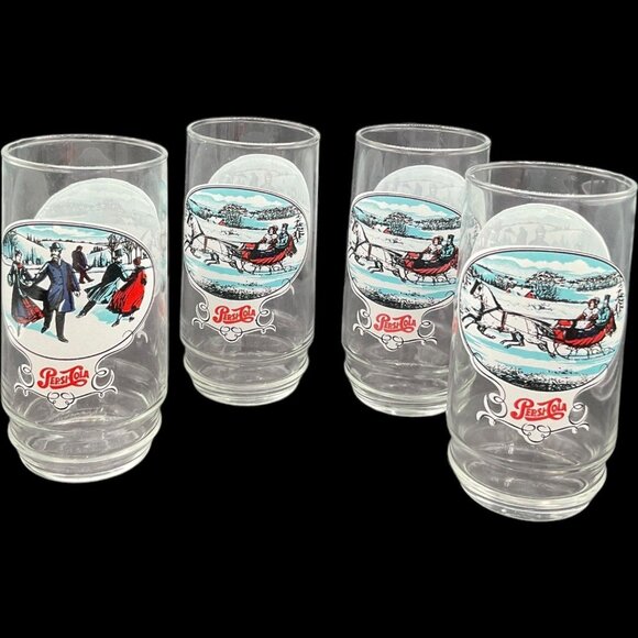 Pepsi Cola Soda Winter Scene Clear Skating Victorian 1980s Drinking Glasses - Picture 1 of 12